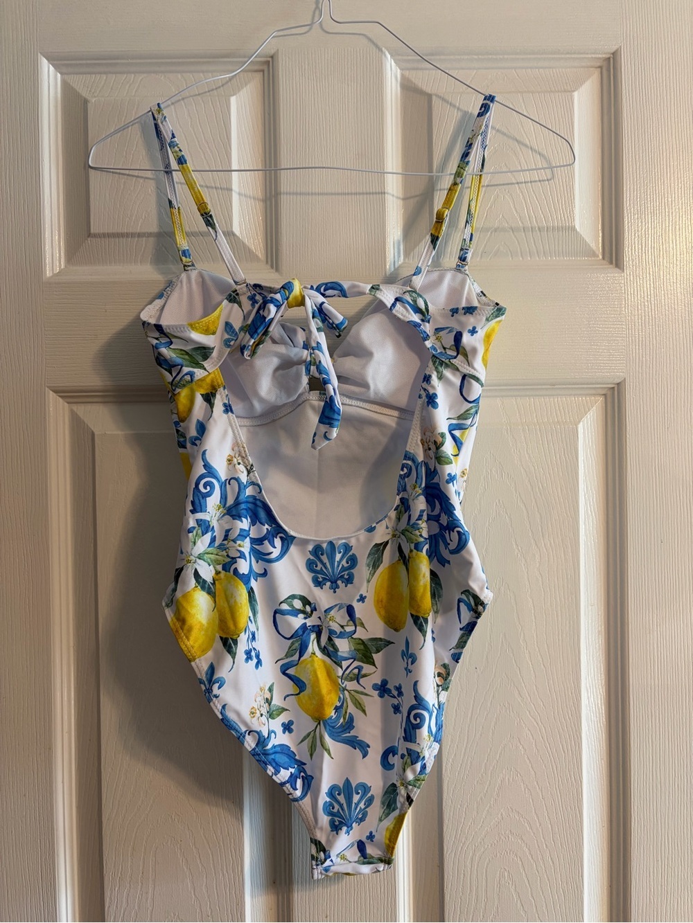 SHEIN Lemon Print One-Piece Swimsuit Size M | Blue White Tie Front Cutout - Picture 4 of 9